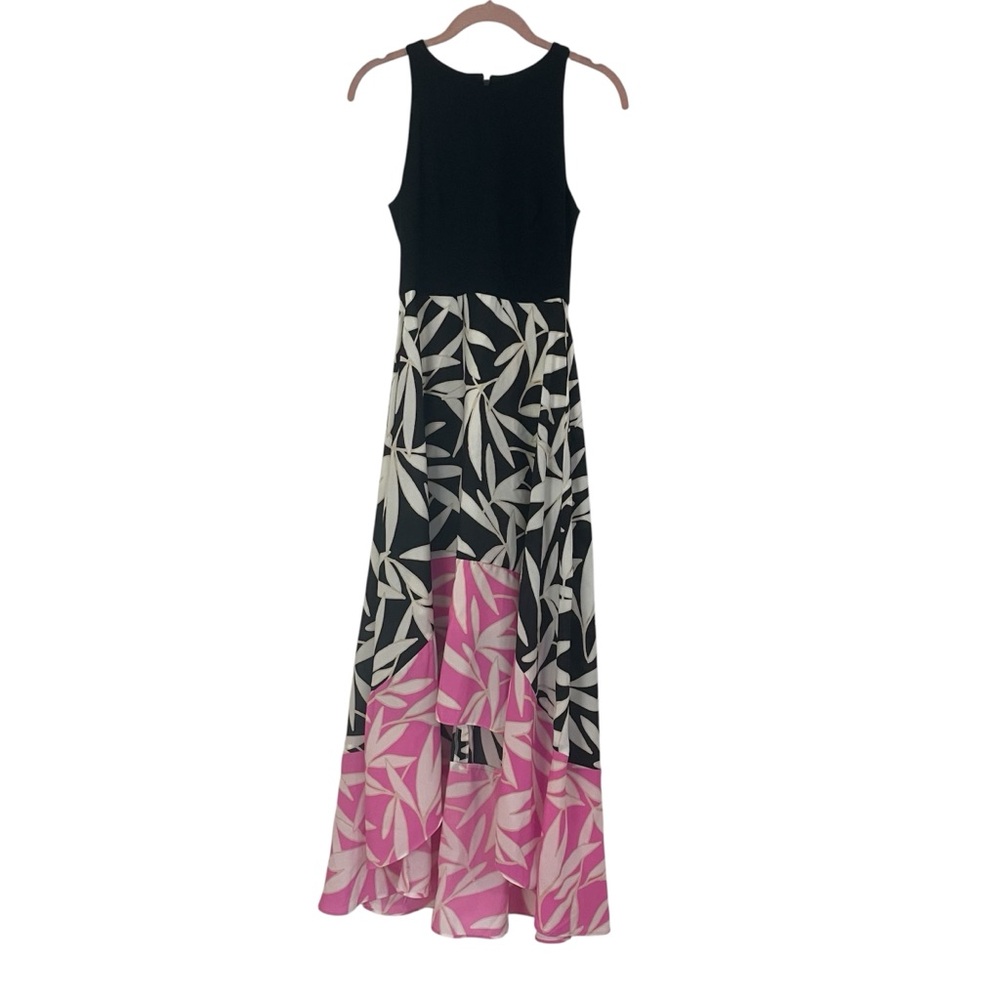 Vince Camuto Leaf Print Colorblock High-Low Maxi Dress